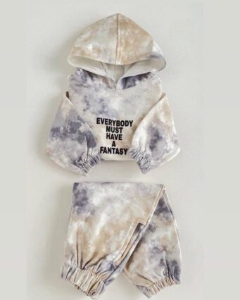 ست هودی و شلوار طرح آبرنگی کرمی