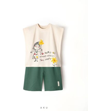 ست تیشرت رکابی و شلوارک چاپی دخترانه دختر و گل